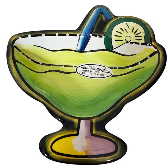 Set of 3 Clay Art Hand-Painted Margarita Glass Shaped Dipping Salsa Bowls Party - Picture 3 of 10